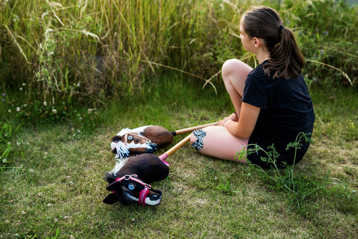 A girl sitting in the grass next to two Hobby Horses wearing halters