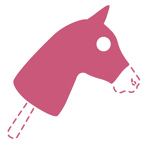 A simple pink illustration of a hobby horse head with a button eye, a stick base, and dashed lines indicating missing parts on a light gray background.