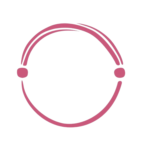 A simple pink circular line with two dots on either side and two curved lines at the top, set against a plain white background.