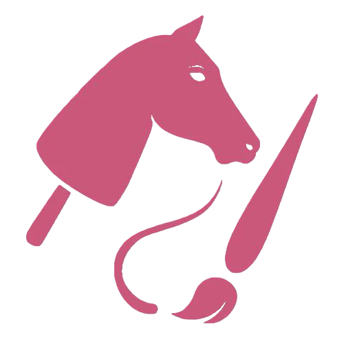 A stylized pink graphic combining a popsicle, a horse’s head, an exclamation mark, a paintbrush, and a swirl on a light background.