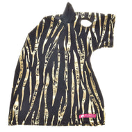 The Hobby Horse LarDen protective suit, Zebra Gold (Lycra), is a black pet shirt with shiny gold zebra stripes, a head hole, small collar with ear detail, and a pink “By Petti” label near the bottom—ideal for stylish protection.