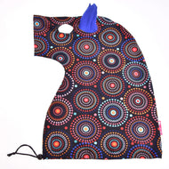 The Hobby Horse LarDen "Alice" Protective suit (Lycra) features vibrant circular patterns, a cutout hole, blue fabric spike, and black drawstring at the bottom, shown laid flat on a white background.