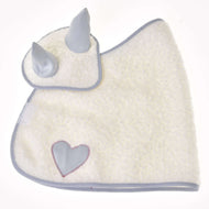 The Set Snowflake bib by Hobby Horse LarDen is a soft white baby bib with a light grey trim, two pointed horn details like an ear bonnet, and a grey heart-shaped patch stitched near the bottom corner.