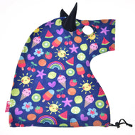 The Hobby Horse LarDen Hobby Horse protective suit Happiness is a colorful unicorn-shaped hood with a black horn, featuring cheerful fruit, rainbow, sun, ice cream, and star patterns on dark blue fabric and a drawstring at the bottom.