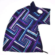 The Hobby Horse LarDen Hobby Horse protective suit blue (Lycra) features a vibrant geometric maze print in blue, purple, and white, with a face hole and bottom drawstring—offering stylish protection for your hobby horse.
