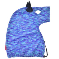 The Hobby Horse LarDen Hobby Horse Protective Suit Sea (Lycra) is a blue and purple patterned washable cover shaped like a horse head, with a black horn, ear, face cutout, and bottom drawstring for secure fit.