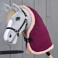 Royal burgundy stable blanket with pink fleece trim worn by a grey Hobby Horse