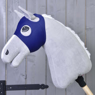 A Hobby Horse LarDen in gray, featuring a white mane and wooden stick handle, is shown wearing the LarDen Horse Mask without ears against a wooden wall with visible hinges.