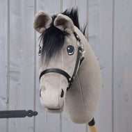 The Hobby Horse LarDen "Hobby Horse Thor with Black Halter" features a soft gray head, black mane, and harness on a wooden stick, set against a light wood panel background.