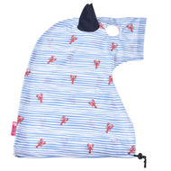 The Hobby Horse LarDen Andromeda protective suit (Lycra) is blue and white striped with red lobster prints, a navy fin or ear, a top hole, and black drawstring at the bottom. Inspired by Hobby Horse Protective Suit designs.