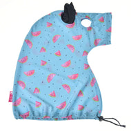 The Hobby Horse LarDen Lycra Melon protective suit features a light blue watermelon slice print, hood, leash hole, black drawstring hem, pink side tag, is washable, and is shown laid flat on a white background.