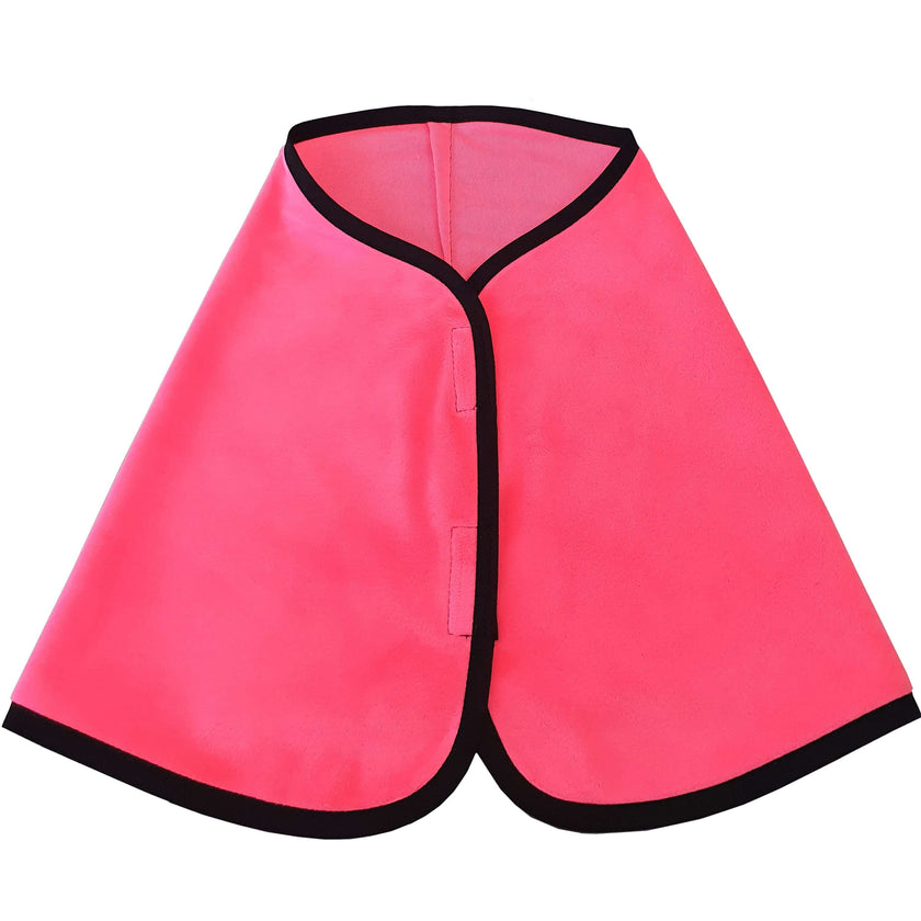 The Hobby Horse LarDen Blanket Neon Rose (size M) is a bright pink cape with black trim and a simple front closure, shown laid flat on a white background.