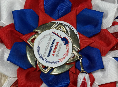 A close-up of a red, white and blue award rosette with a gold medal and a central Hobby Horsing emblem, photographed as a celebratory detail from the 2025 Czech Hobby Horsing Championship.