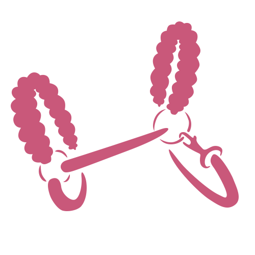 Prosta różowa ilustracja wędzidła z plecionymi wodzami przymocowanymi po obu stronach, pokazana na jednolitym białym tle.