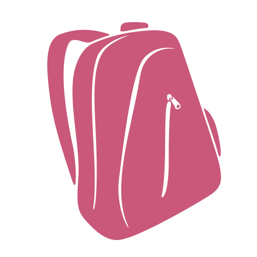 Ilustracja różowego plecaka z widoczną kieszenią na zamek i szelkami na jasnoszarym tle.