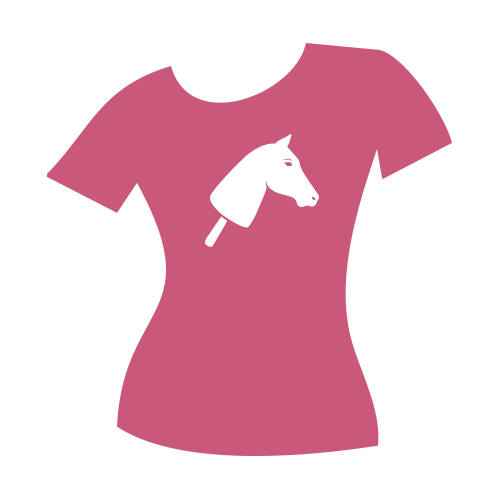 Dopasowany różowy T-shirt z białą grafiką końskiej głowy na kiju, przypominającą zabawkowego Hobby Horse, umieszczoną na środku klatki piersiowej.