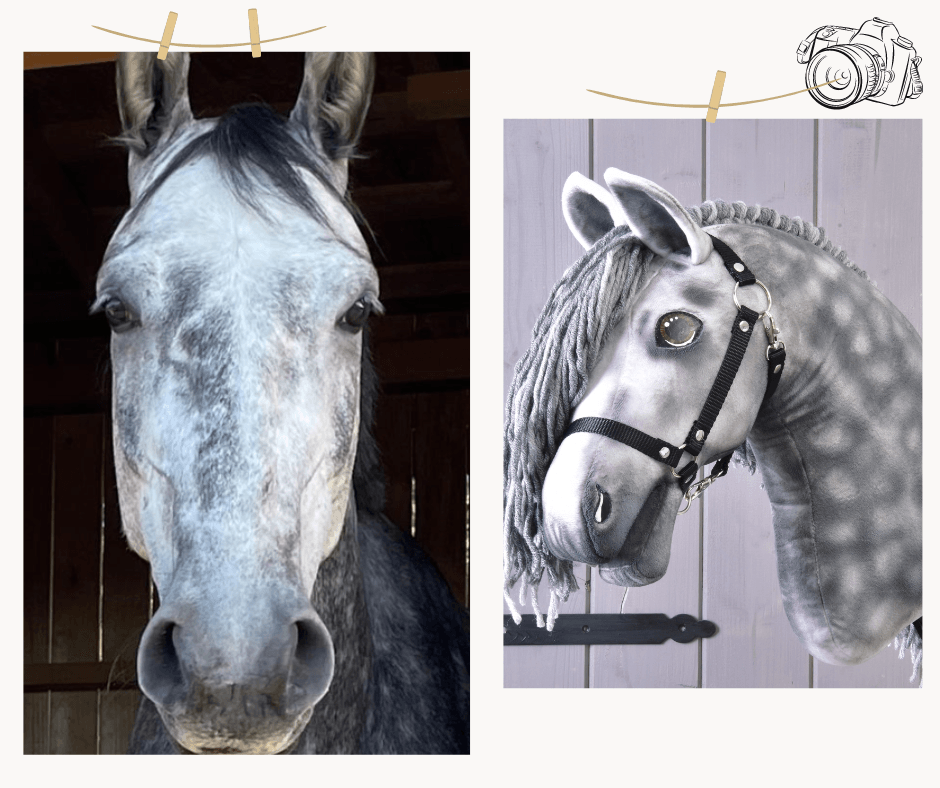 Side-by-side photos: a real gray horse with dark mane (left) and a custom Hobby Horse LarDen "Hobby Horse based on your photo" toy with yarn mane and bridle (right), both facing forward against wooden backgrounds.