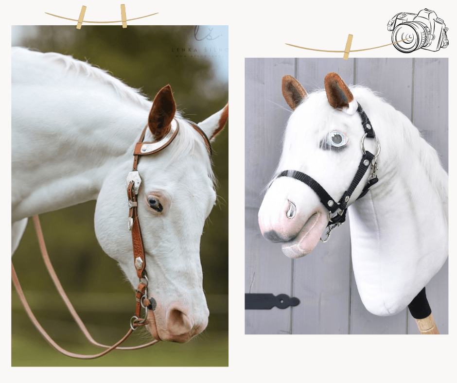 Side-by-side images show a white horse with brown ears in a bridle on the left, and a realistic custom Hobby Horse LarDen "Hobby Horse based on your photo" plush on the right, both facing left.