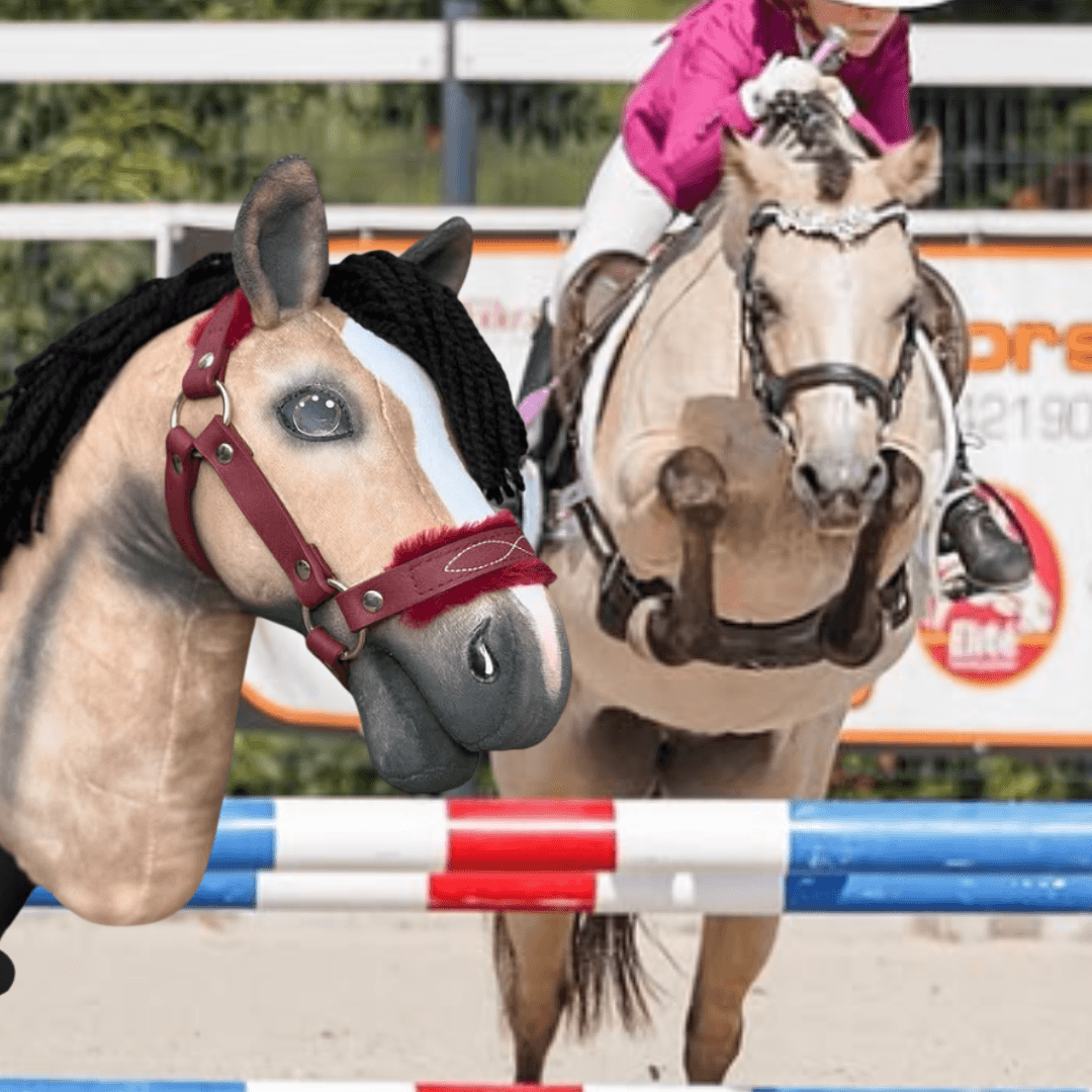 A person in a pink shirt jumps with a personalized "Hobby Horse based on your photo" by Hobby Horse LarDen over a red, white, and blue obstacle during a competition. A close-up of the custom horse's head appears in the foreground.