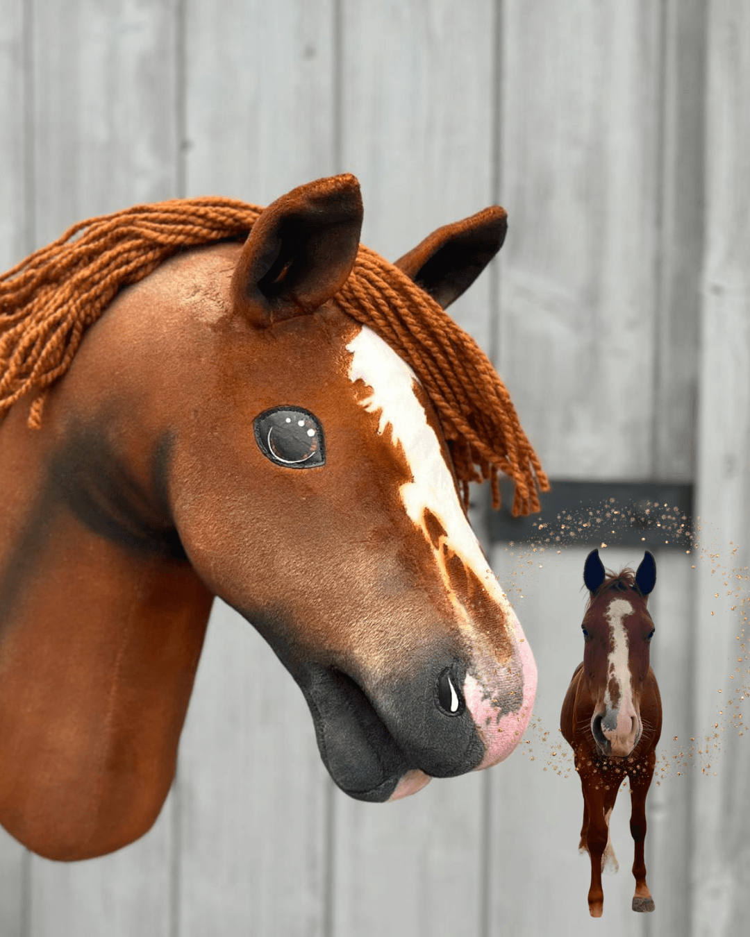 In the foreground is a Hobby Horse LarDen "Hobby Horse based on your photo," personalized to match a real horse seen in a small background photo, both set against a wooden wall.