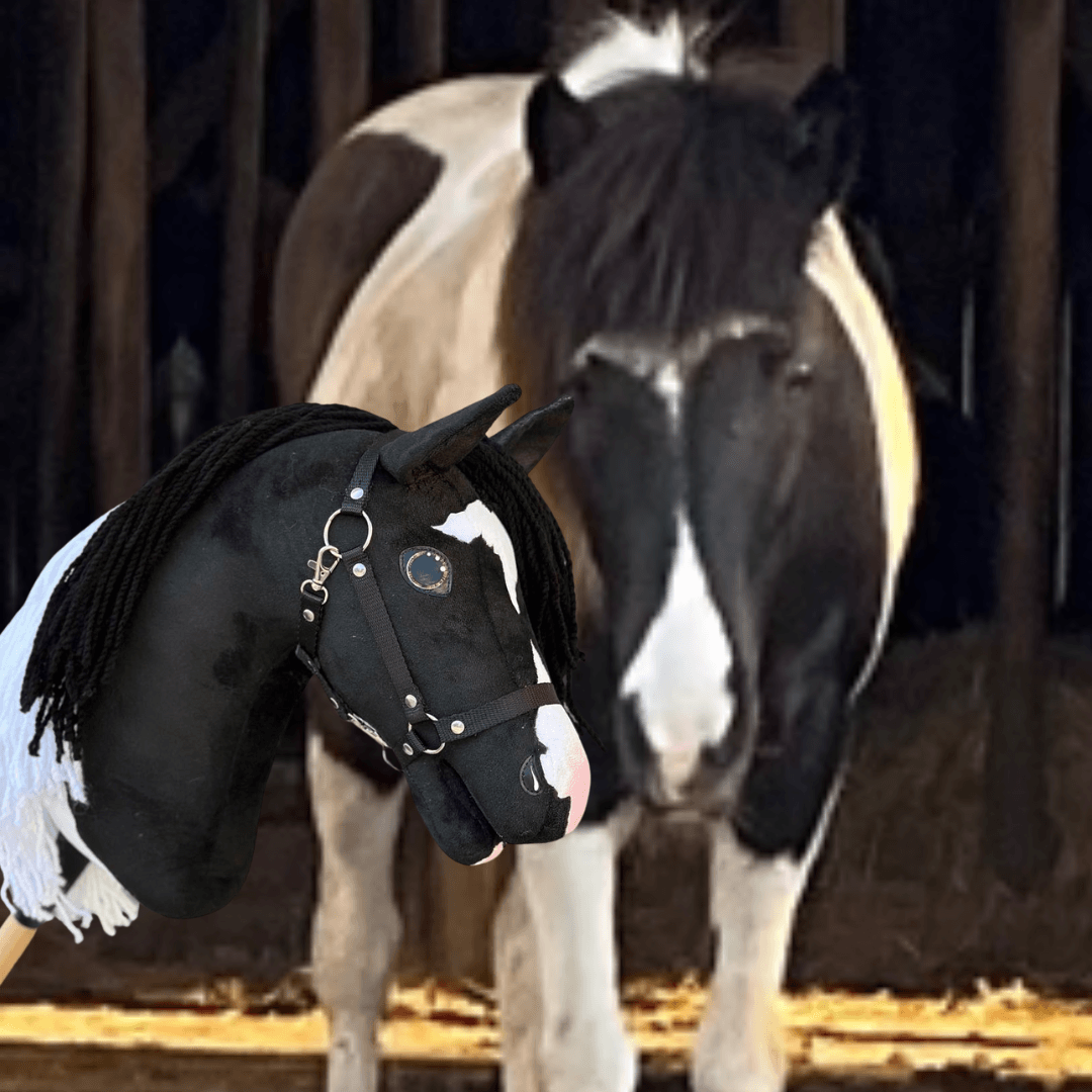 A real black and white horse stands in the background, while a personalized Hobby Horse LarDen "Hobby Horse based on your photo," featuring similar colors and a bridle, is in the foreground.