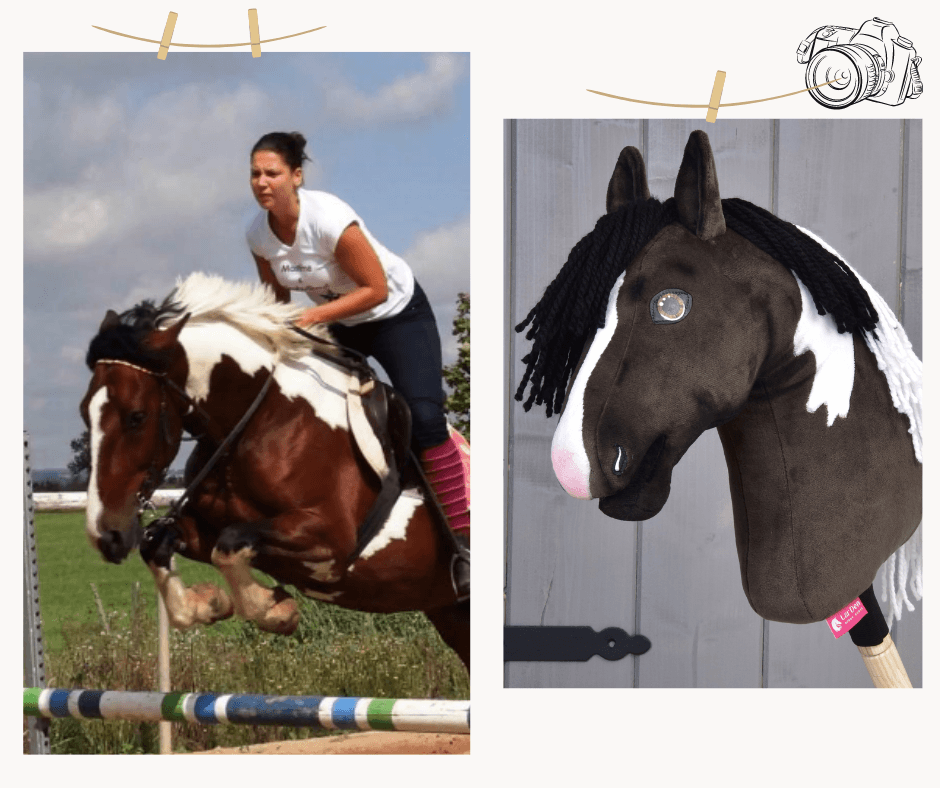 Split-image: Left shows a woman jumping a painted horse; right displays Hobby Horse LarDen’s "Hobby Horse based on your photo"—a custom stick horse with black yarn mane and white-brown markings.