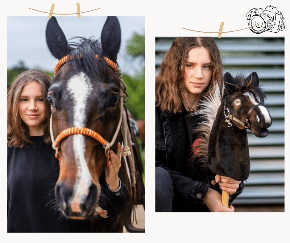 In one photo, a girl with long brown hair stands by a brown horse; in the other, she holds a personalized "Hobby Horse based on your photo" by Hobby Horse LarDen. Both are posed for the camera and smiling slightly.