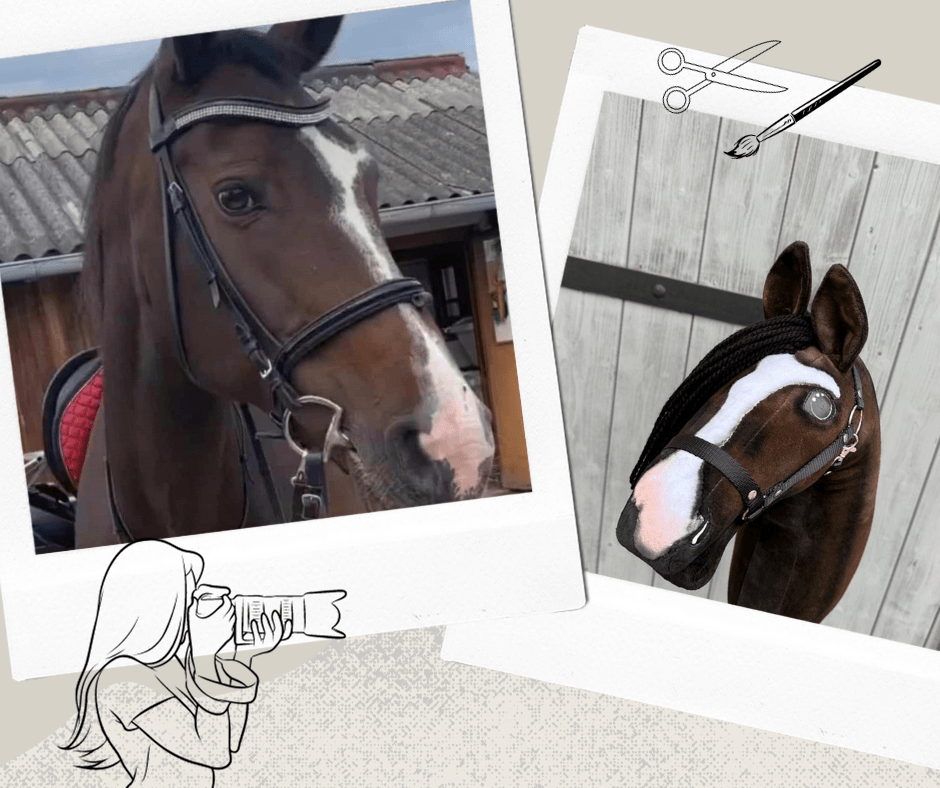 Displayed like Polaroids, a real brown horse with a white blaze and its matching custom "Hobby Horse based on your photo" by Hobby Horse LarDen appear with illustrated scissors, pen, and a person taking a photo in the background.