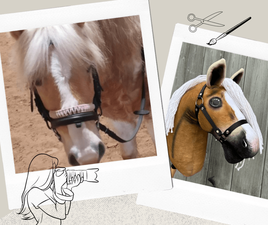 A collage for Hobby Horse LarDen's "Hobby Horse based on your photo" shows a real tan and white horse with a bridle next to the handcrafted hobby horse replica, plus illustrated scissors and camera for creative flair.