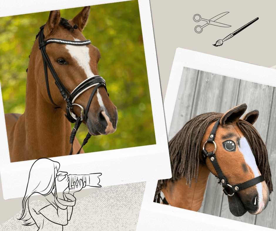 A collage shows a real brown horse with a bridle next to a Hobby Horse LarDen "Hobby Horse based on your photo" personalized to match, both wearing similar bridles. Illustrated camera, scissors, and paintbrush highlight the creative process.