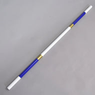 The Hobby Horse LarDen Jump Pole Blue-Gold is a lightweight 32 mm coated PVC pole with blue ends, white middle sections, and two gold rings. It features alternating white, blue, and gold segments and is displayed diagonally on a light grey background.