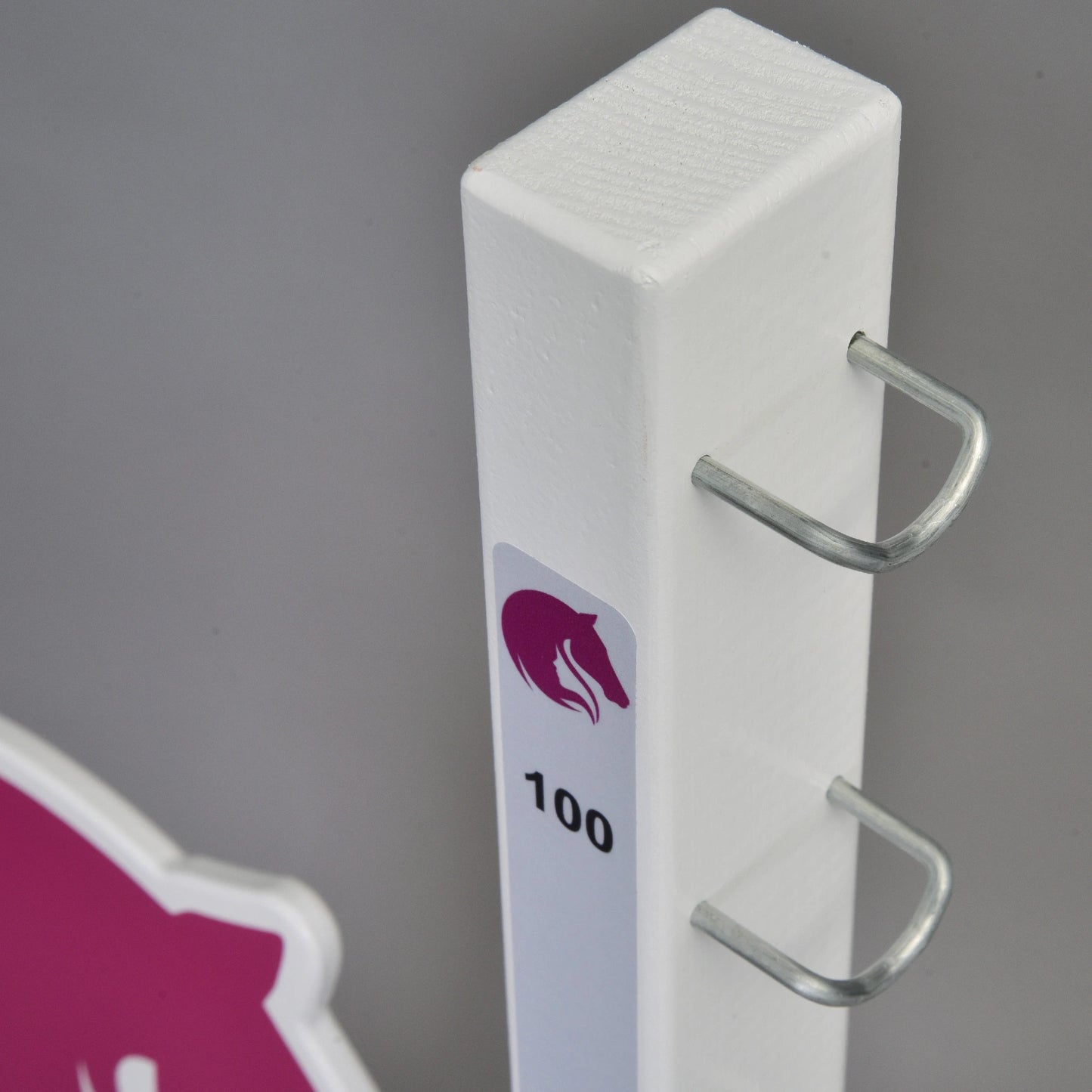 A white vertical post from Hobby Horse LarDen, labeled "LarDen jump 110 cm / 43 inch" with two metal hooks and a purple horse head icon plus the number 100, suggests it's for adjustable hobby horse jumps. A pink and white sign appears in the background.