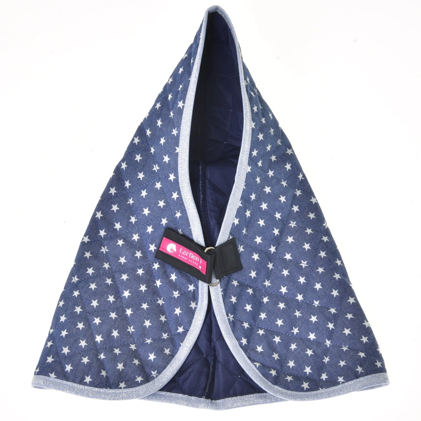 A blue Stable Blanket Star pet coat by Hobby Horse LarDen, featuring a star pattern and light gray trim reminiscent of a horse blanket, is laid flat and open on a white background. A pink tag and black buckle are visible near the center.