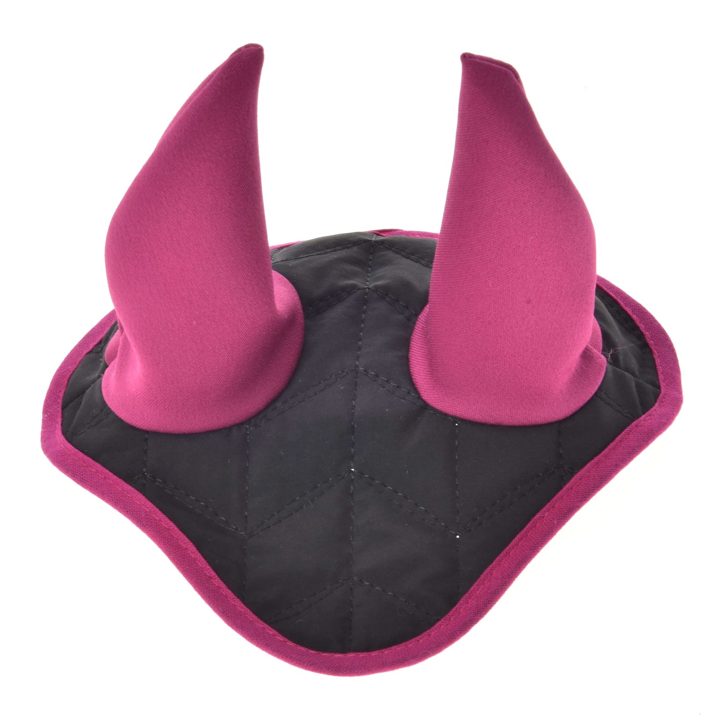 The Hobby Horse LarDen Ear Bonnet Thermo Sky is a black, quilted fabric bonnet with two tall, dark pink horns and a matching border, offering stylish insect protection for your hobby horse.