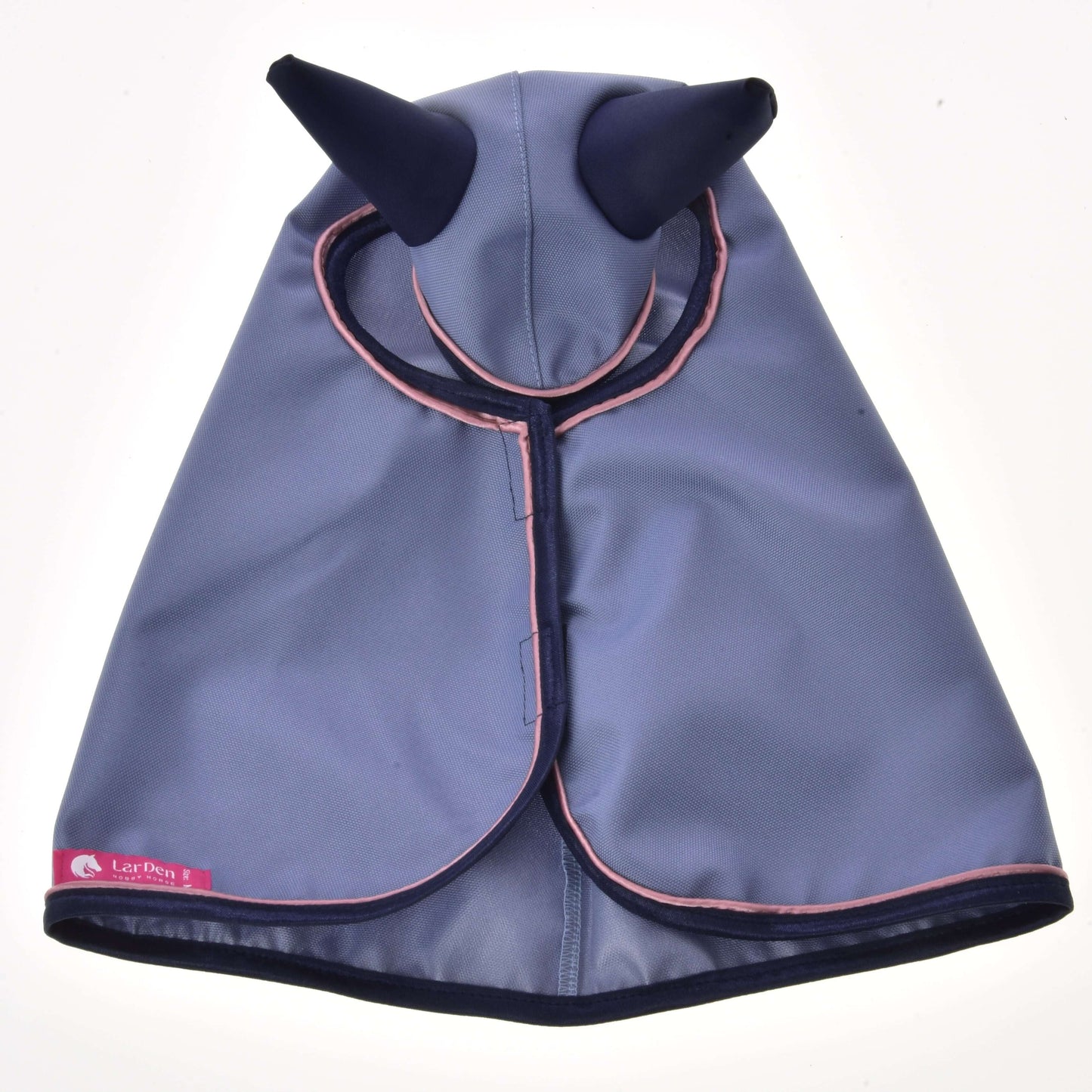 Raincoat Bloom by Hobby Horse LarDen is a light purple pet cape with two pointed dark purple horns on the hood, pink trim, and a pink Lucifern tag—perfect for adding flair to your hobby horse accessories.