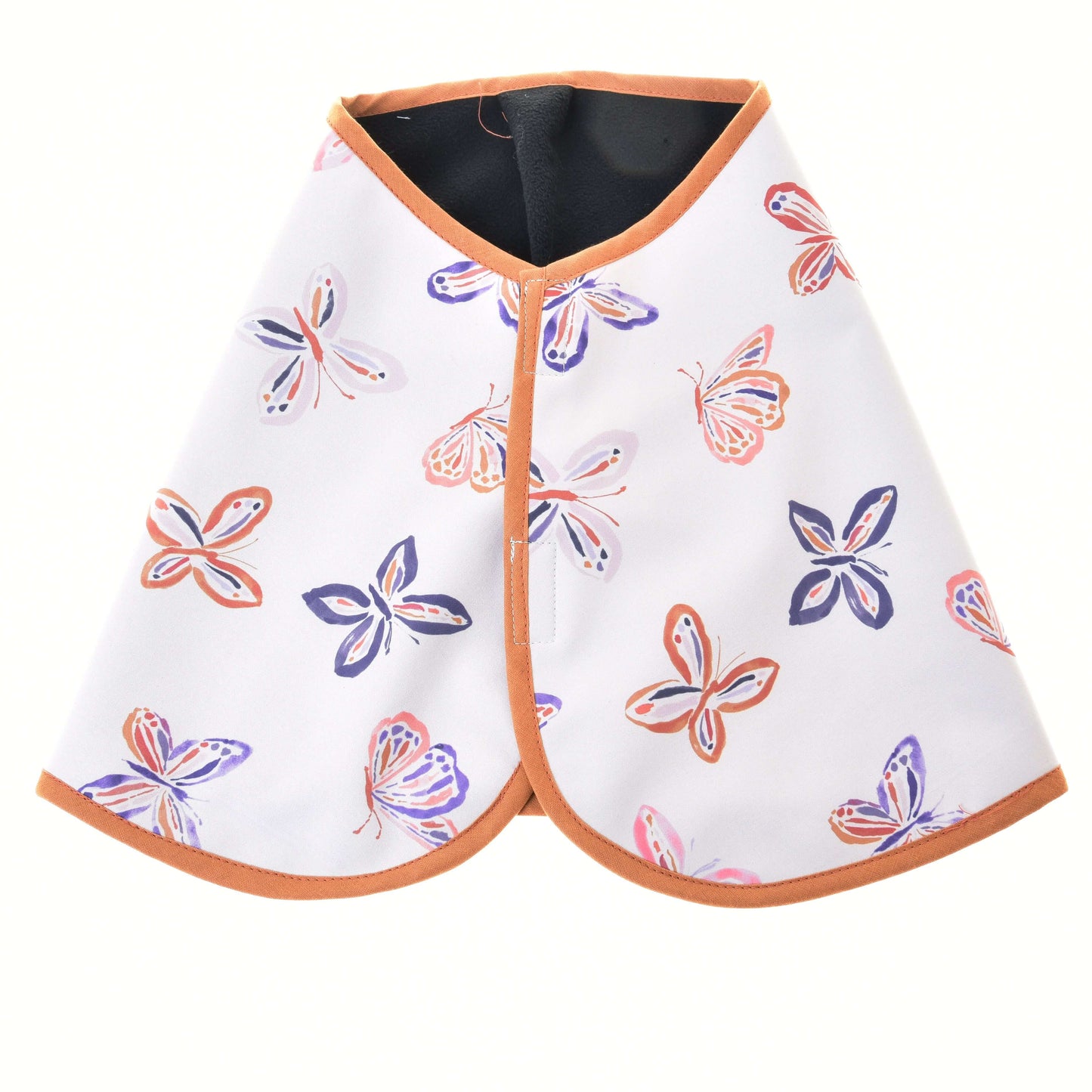 The Blanket Butterfly (softshell) by Hobby Horse LarDen is a white cape with orange trim and vibrant butterfly patterns in orange, blue, and purple—ideal as a unique blanket for horse training sessions.