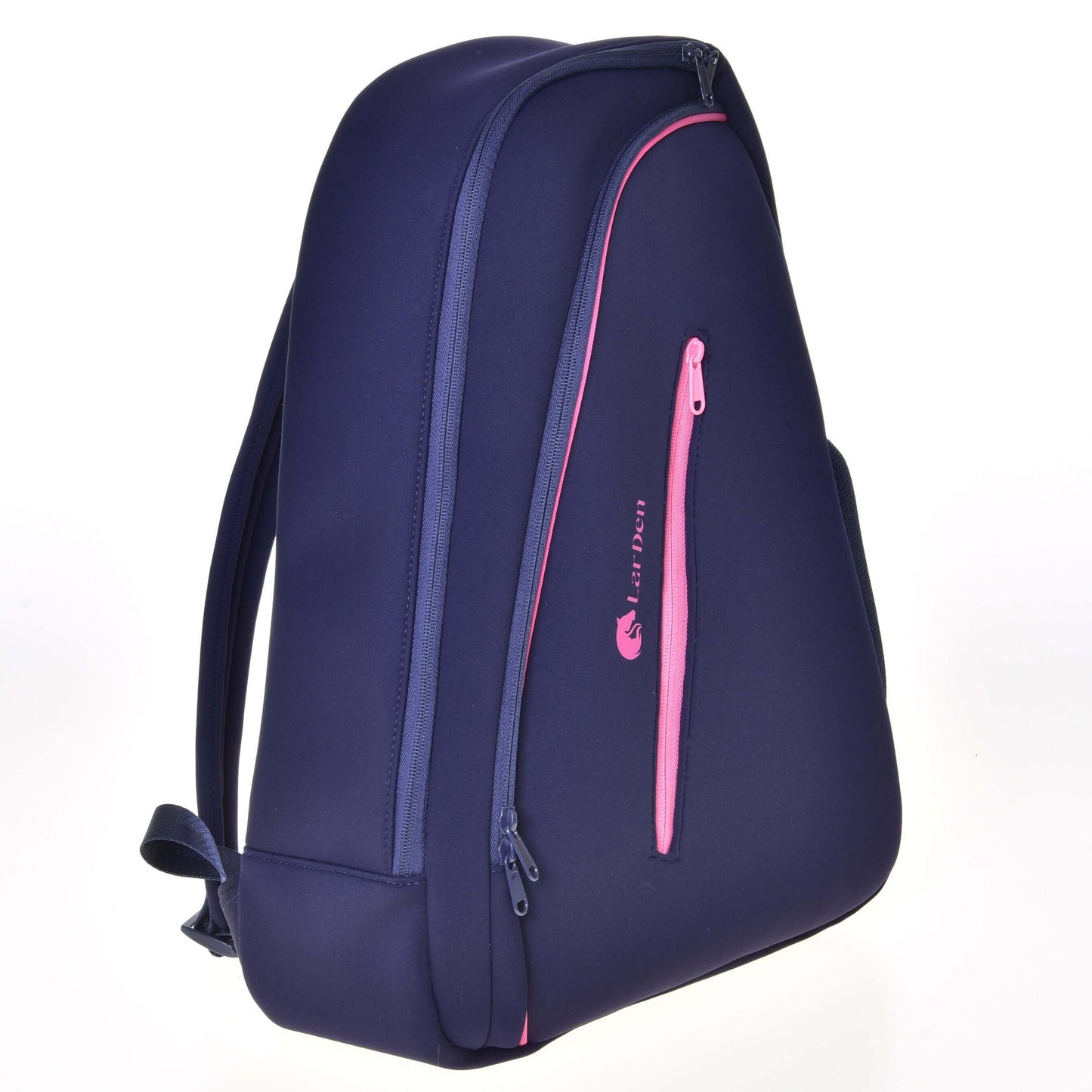 The Hobby Horse Backpack LarDen by Hobby Horse LarDen is a sleek, dark blue neoprene bag with pink zippers and accents, padded straps, a curved design, and a vertical front pocket, shown on a white background.