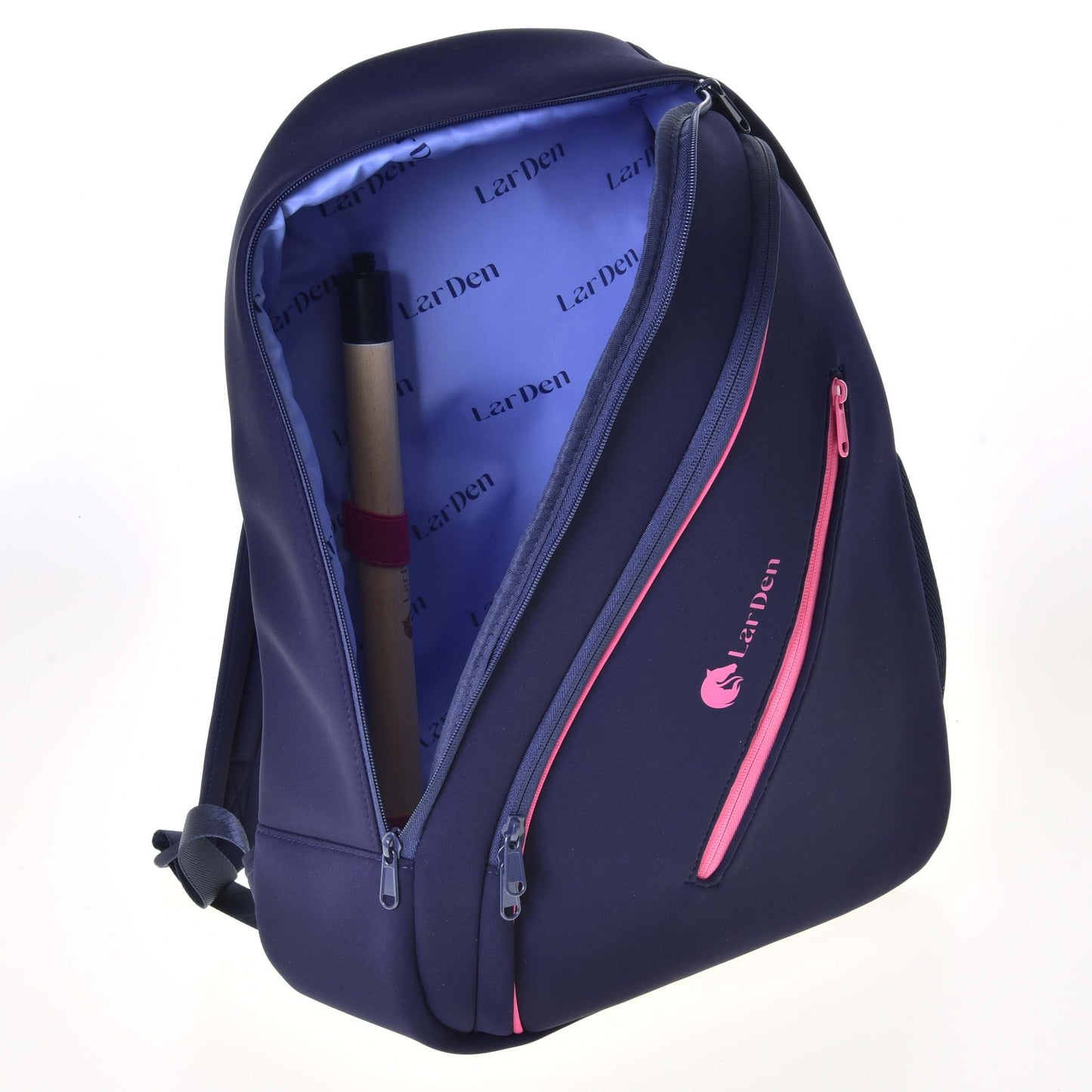 A dark blue Hobby Horse LarDen neoprene backpack with pink zippers is unzipped to show a rolled-up document inside its light blue logo-lined interior and has comfortable padded straps.