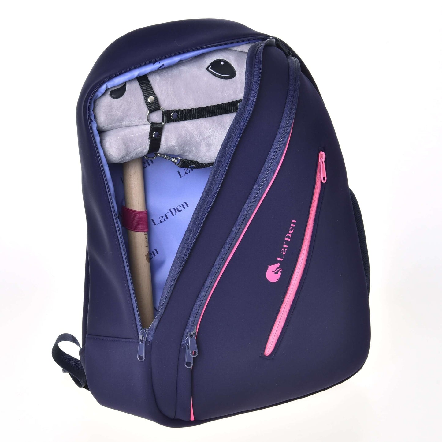The Hobby Horse Backpack LarDen by Hobby Horse LarDen features a navy neoprene design with pink zippers and light blue printed lining, partially open to reveal a grey-faced hobby horse inside. Padded straps provide comfort.