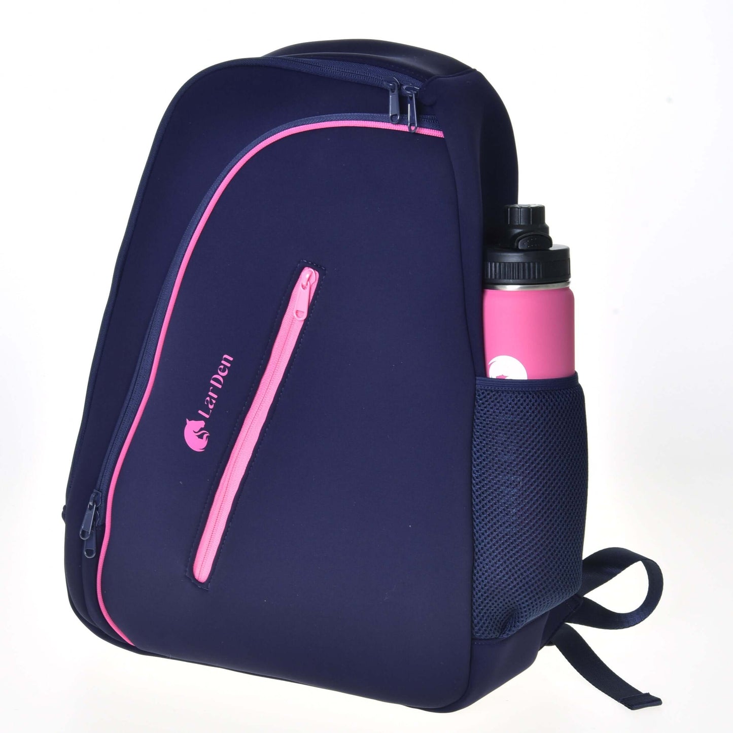 The Hobby Horse Backpack LarDen by Hobby Horse LarDen, a navy blue neoprene backpack with pink zippers and accents, padded straps, and a water bottle in a mesh side pocket, is shown against a plain white background.