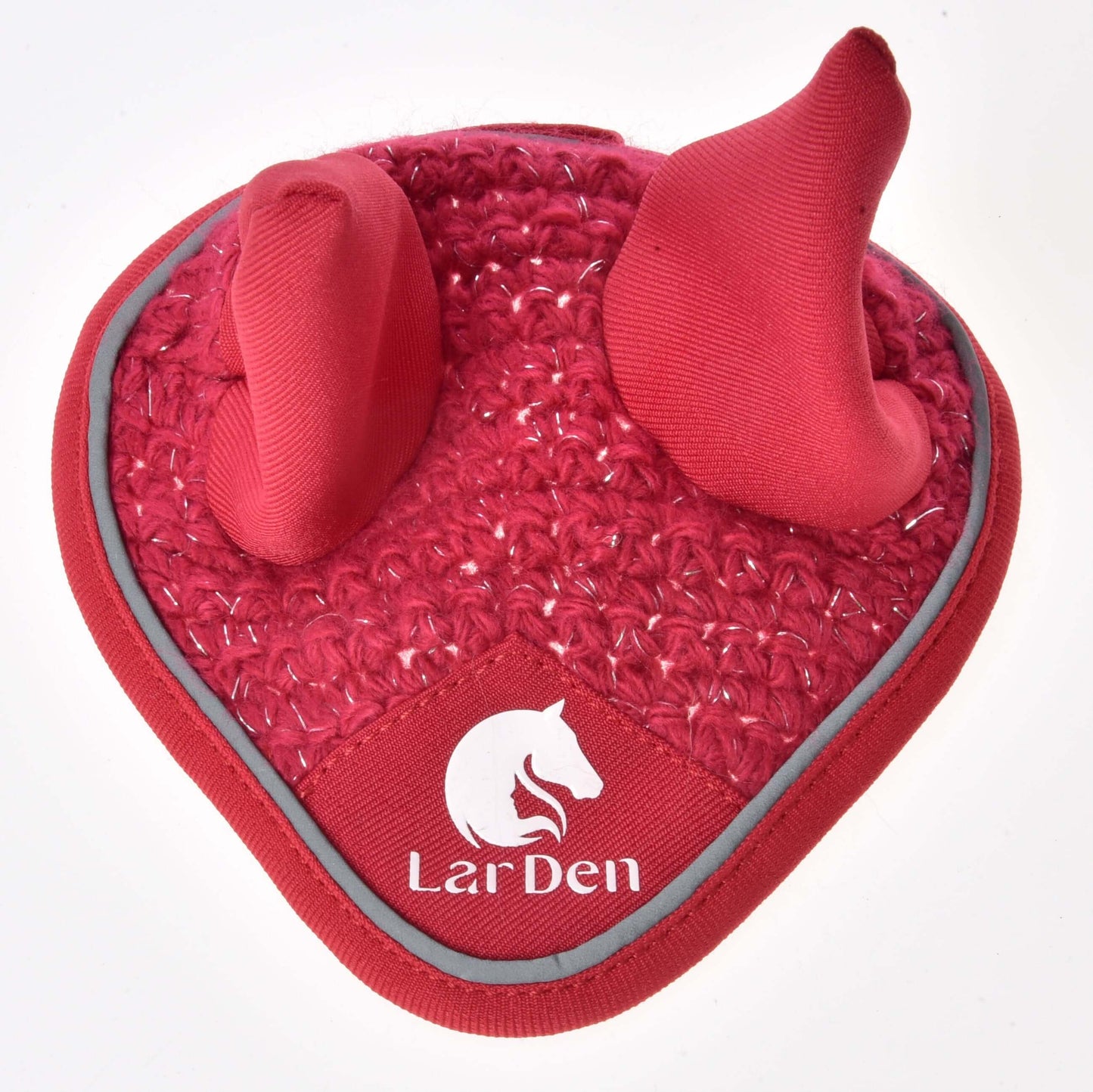 The Ear bonnet crocheted Red Sport by Hobby Horse LarDen features two upright fabric ears, a white horse logo with “LaRDen” text on the front, and is finished with a grey trim for a stylish look.