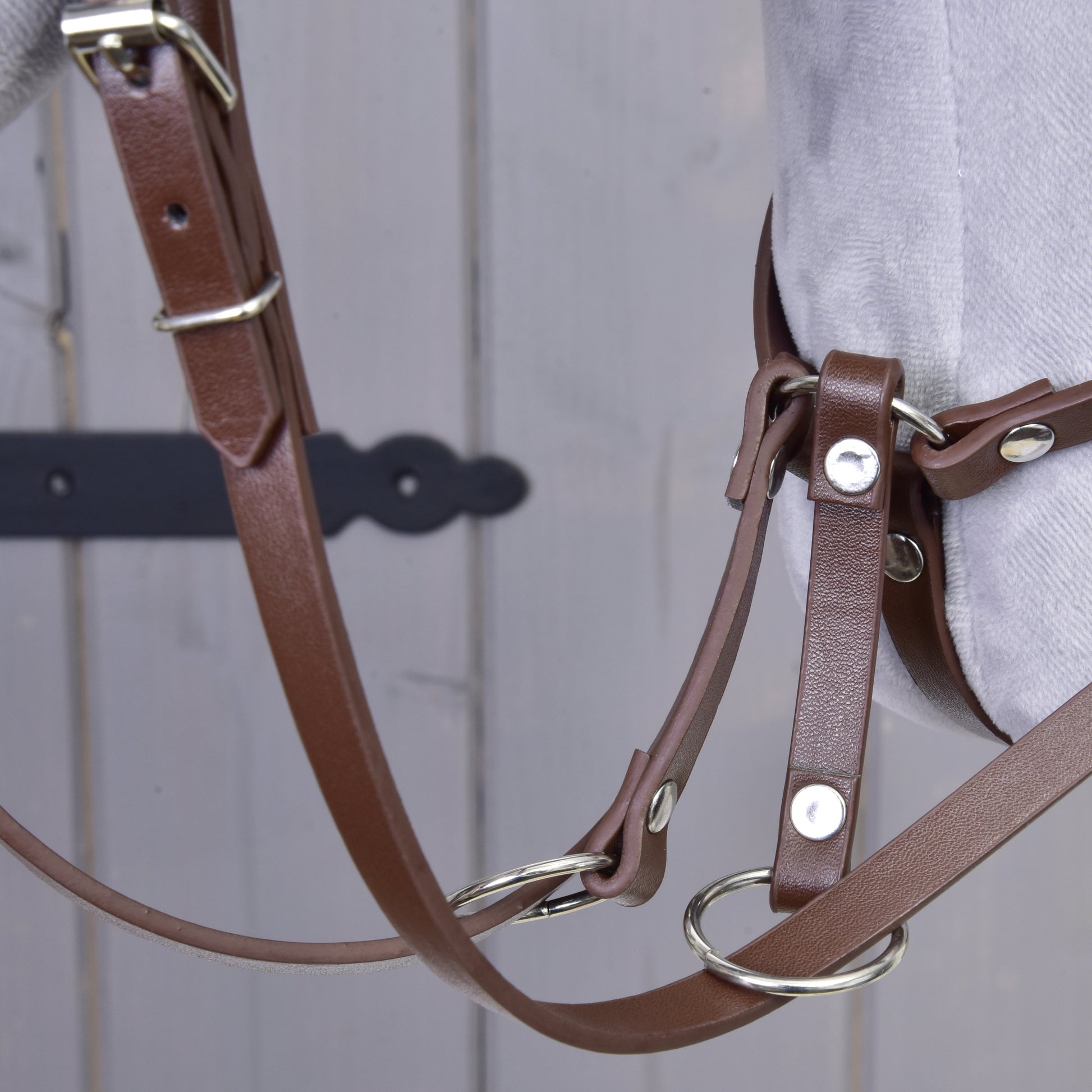 Light brown leatherette set - bridle, reins and martingale