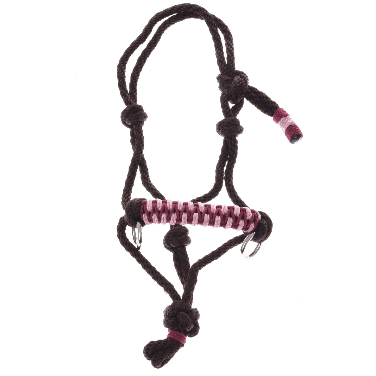 The Hobby Horse LarDen Rope Halter York is a brown rope halter with pink wraps and metal rings, shown flat on a white background—an ideal stylish accessory for your hobby horse.