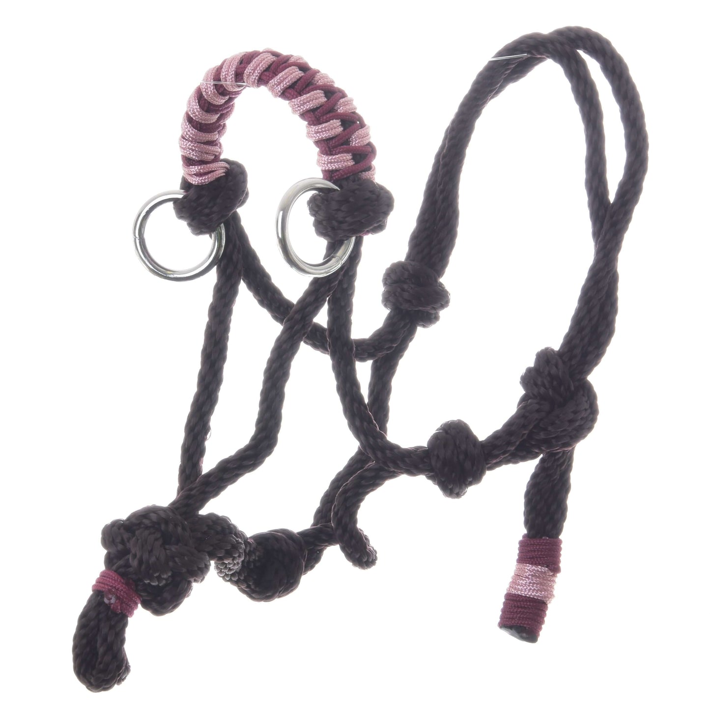 The Rope halter York by Hobby Horse LarDen is a black halter with silver rings and pink wraps, perfect for horses or as a hobby horse accessory, displayed on a white background.