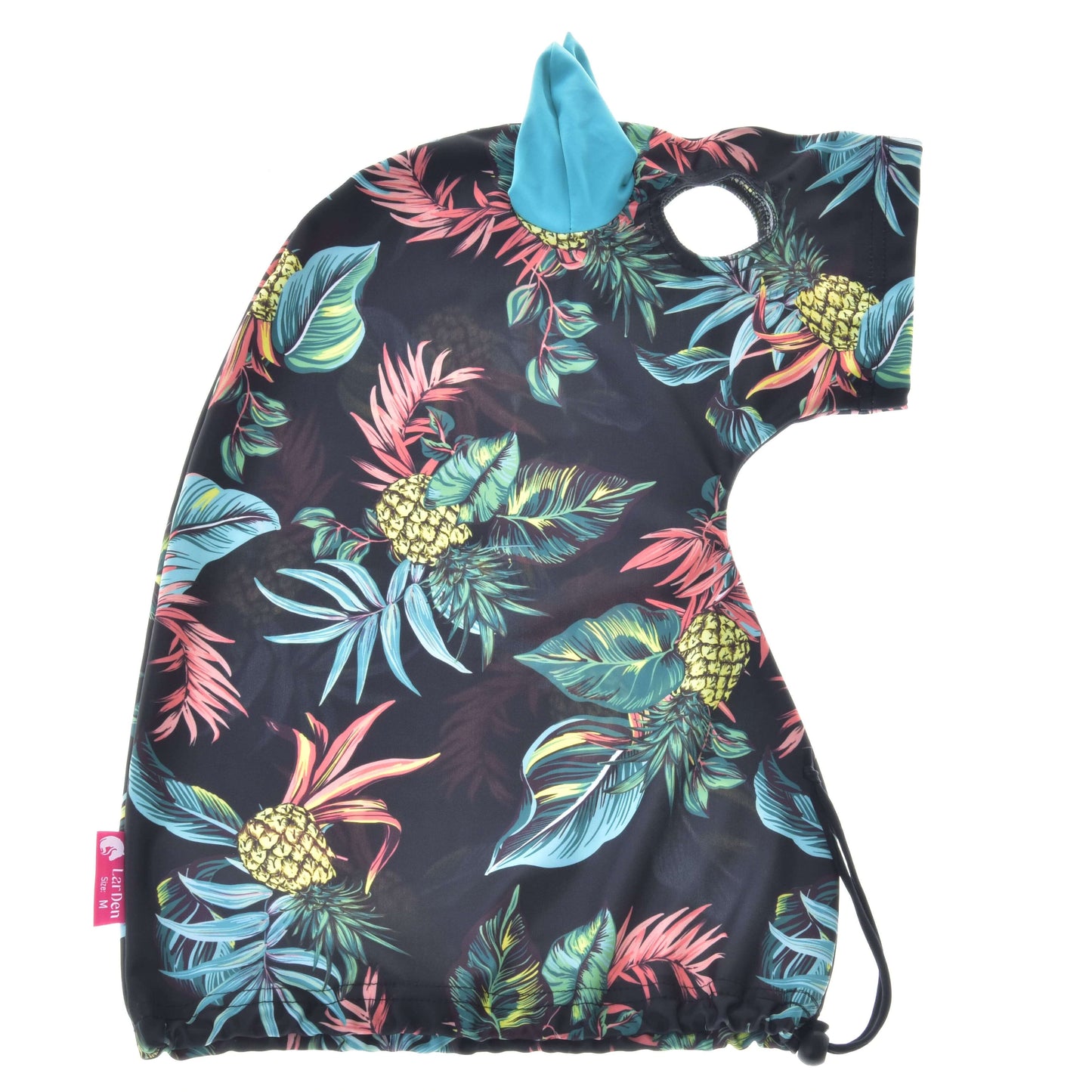 The Hobby Horse LarDen Protective Suit Pineapple (Lycra) is a horse head-shaped cover with a tropical pineapple and leaf print, blue ear detail, and drawstring—ideal for protecting your hobby horse.