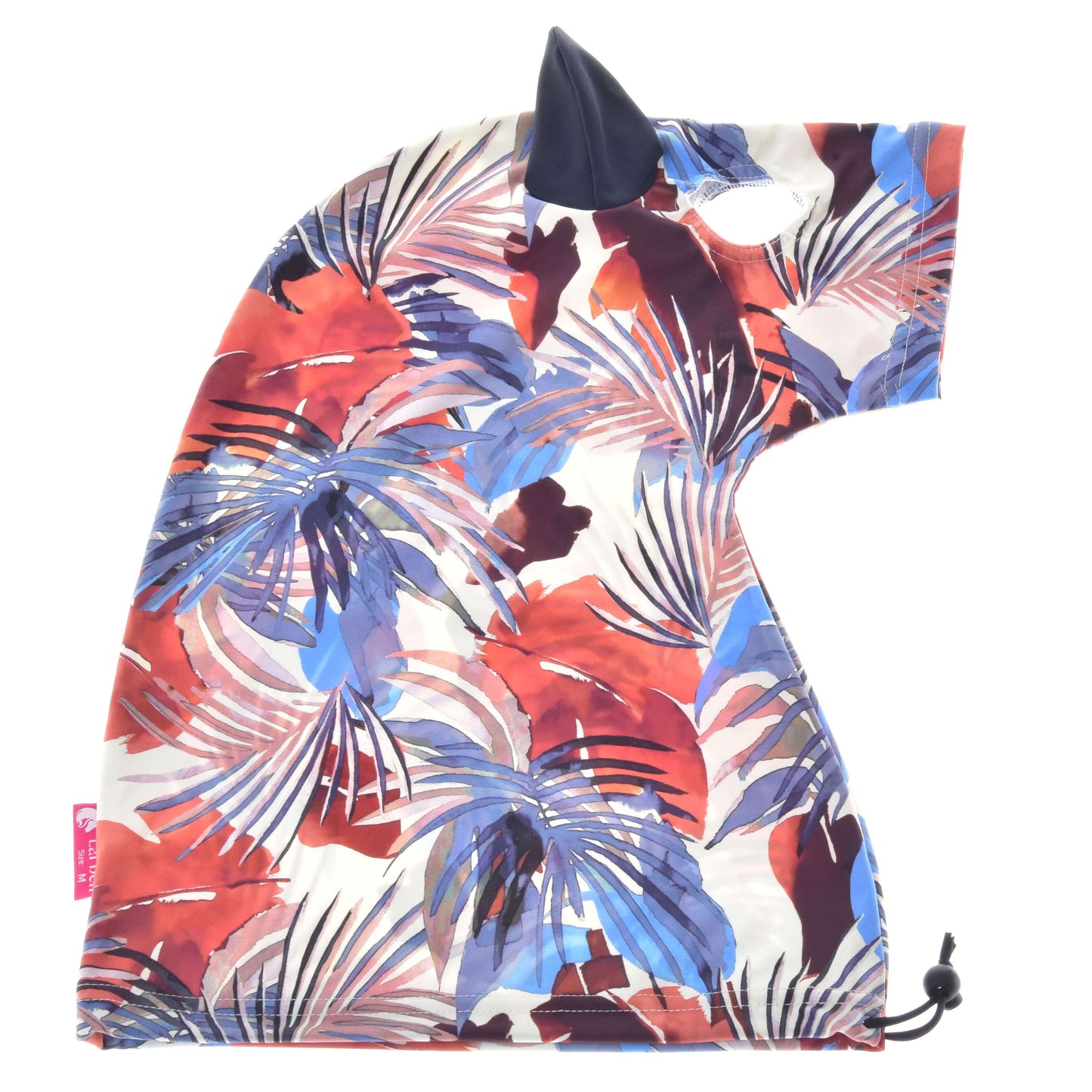 The Hobby Horse LarDen Hobby Horse Protective Suit Blue Jungle (Lycra) features a vibrant red, blue, and purple tropical leaf pattern, ear pocket, drawstring edge, and is washable—ideal for covering your hobby horse’s head.