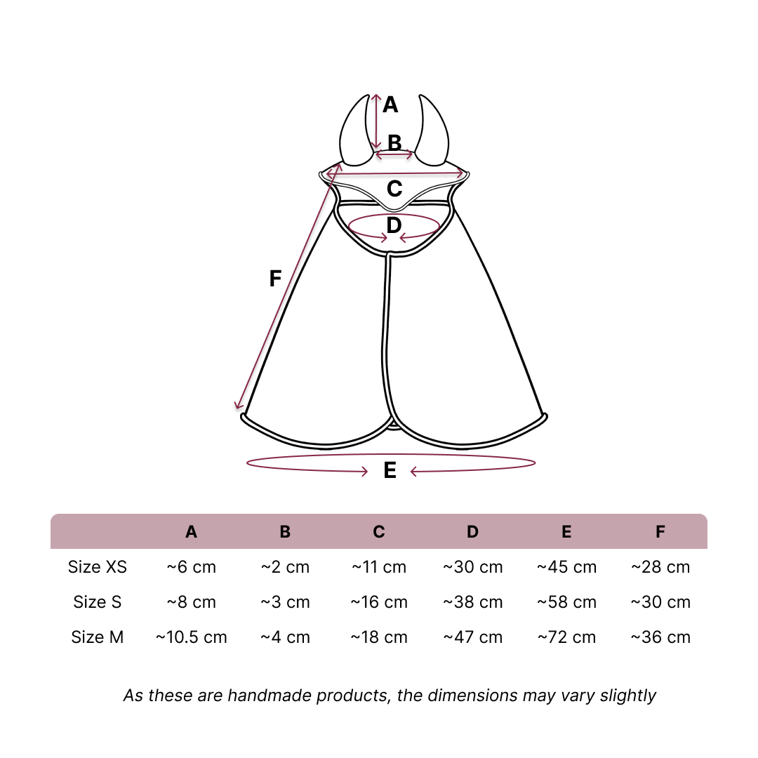 Diagram showing measurements for a cape with a hood, labeled A to F—perfect for Hobby Horsing enthusiasts. A table below lists approximate sizes XS, S, and M with measurements in centimeters. Note: sizes may vary slightly.