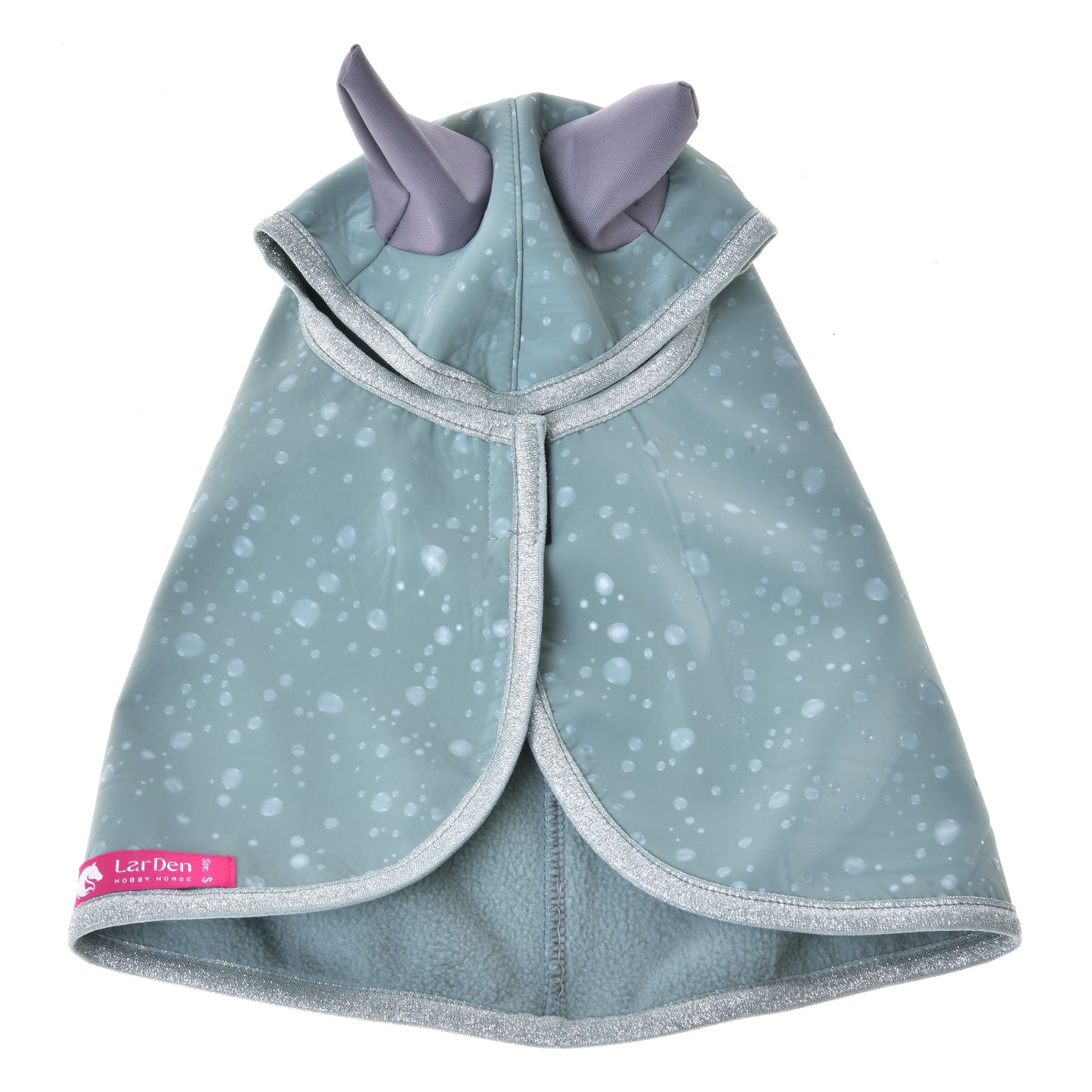 A green all-weather pet raincoat, Raincoat Greeny by Hobby Horse LarDen, features a water droplet pattern, silver trim, and two pointy gray ear shapes on the hood. The pink “LarDen” tag is visible on the bottom edge as it lays flat.