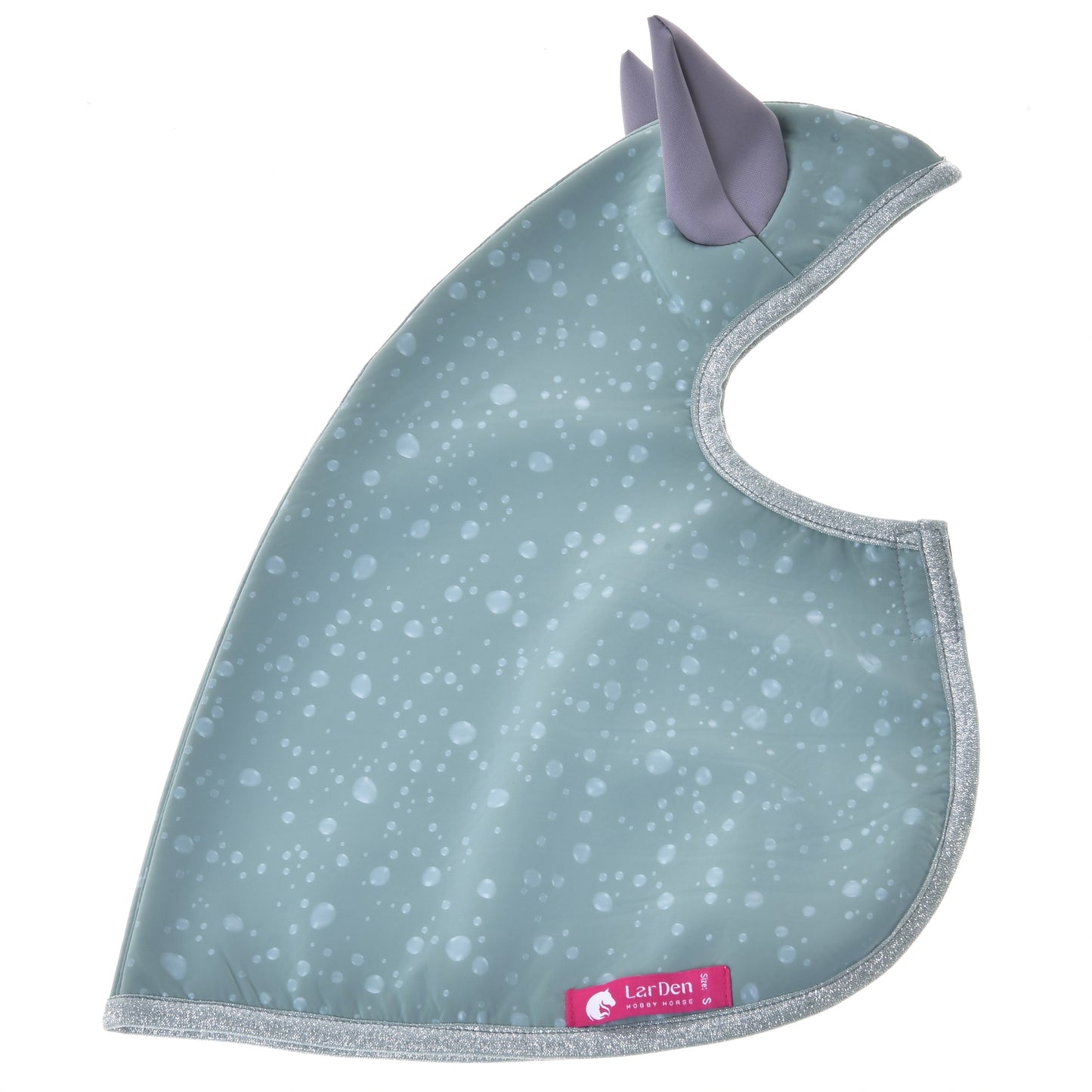 The Raincoat Greeny by Hobby Horse LarDen is a green all-weather waterproof bib with a bubble pattern, shaped like an animal face with two purple ears, gray trim, a pink label at the bottom, and raincoat-like protection for messes.