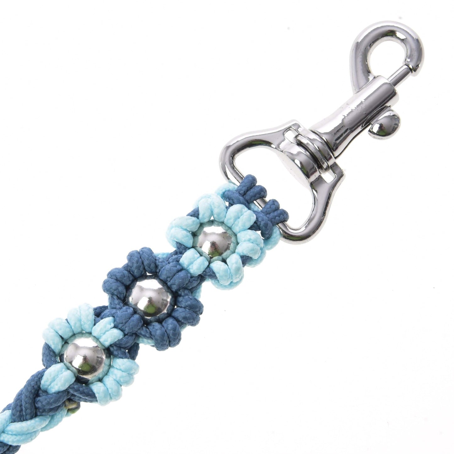 A close-up of the Hobby Horse LarDen Lead Rope Bloom Blue, featuring blue braided material with metal flower-shaped decorations and a shiny silver clasp—ideal for quality hobby horse equipment.